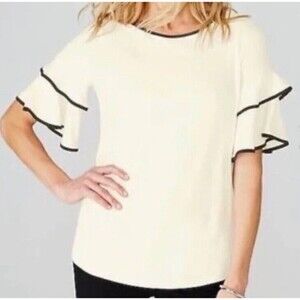 J Jill Wearever Collection Women‎ Top Shirt Short Sleeve ivory w/Black Trim Sz L